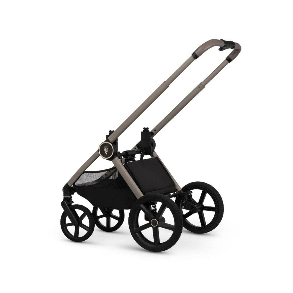 Black stroller seat unit with canopy, light push frame, and front wheels