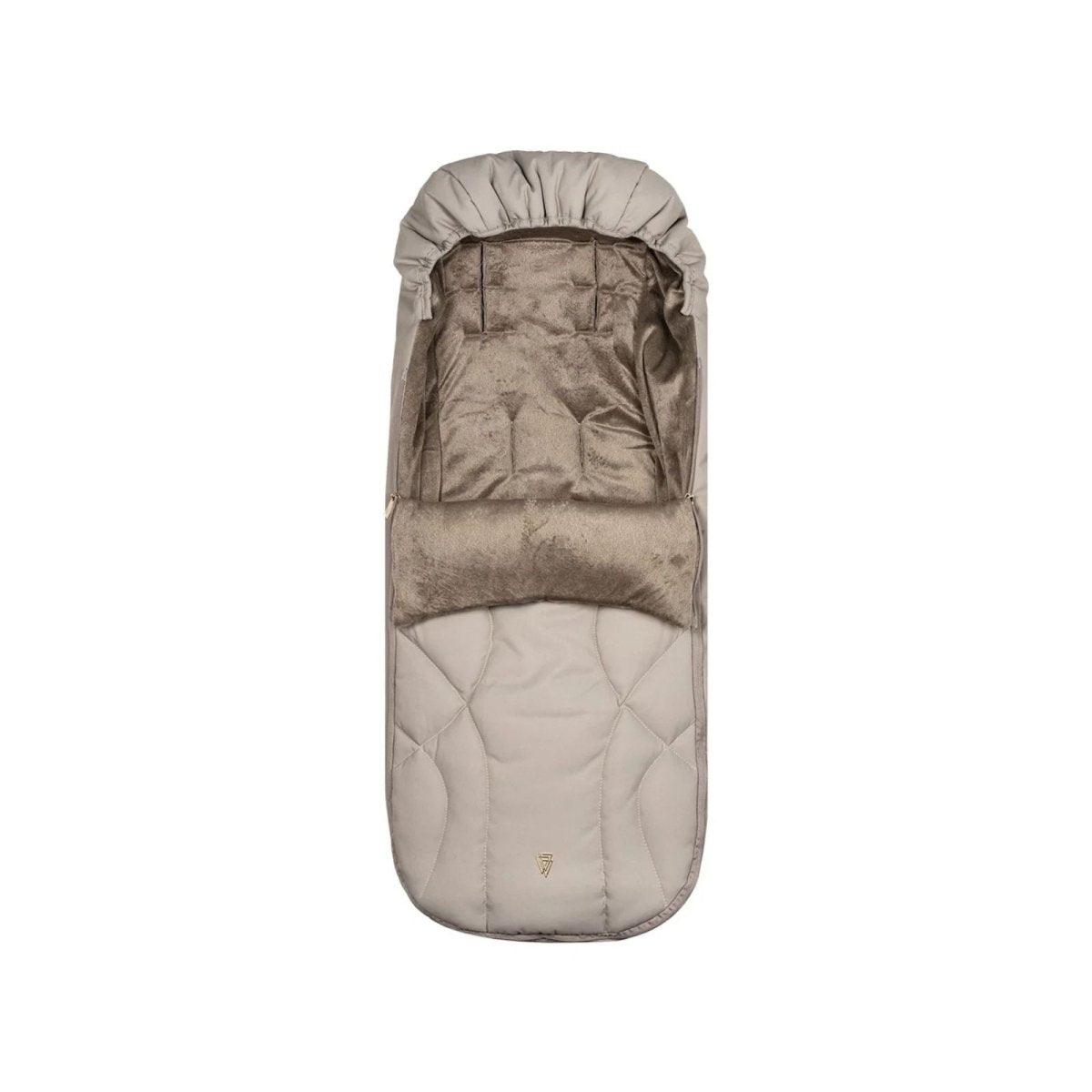 Beige padded stroller footmuff with quilted front and top hood
