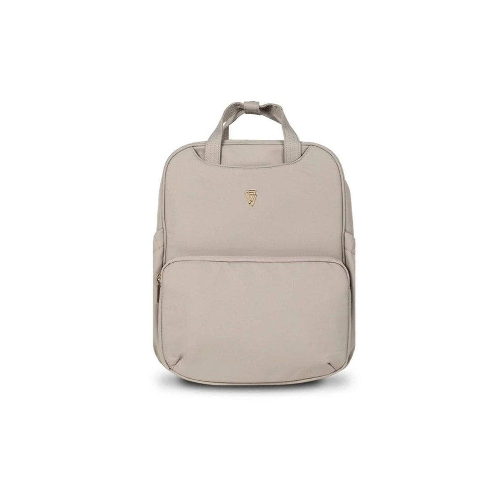 Beige diaper bag with top handle, zip pocket, and small gold logo badge