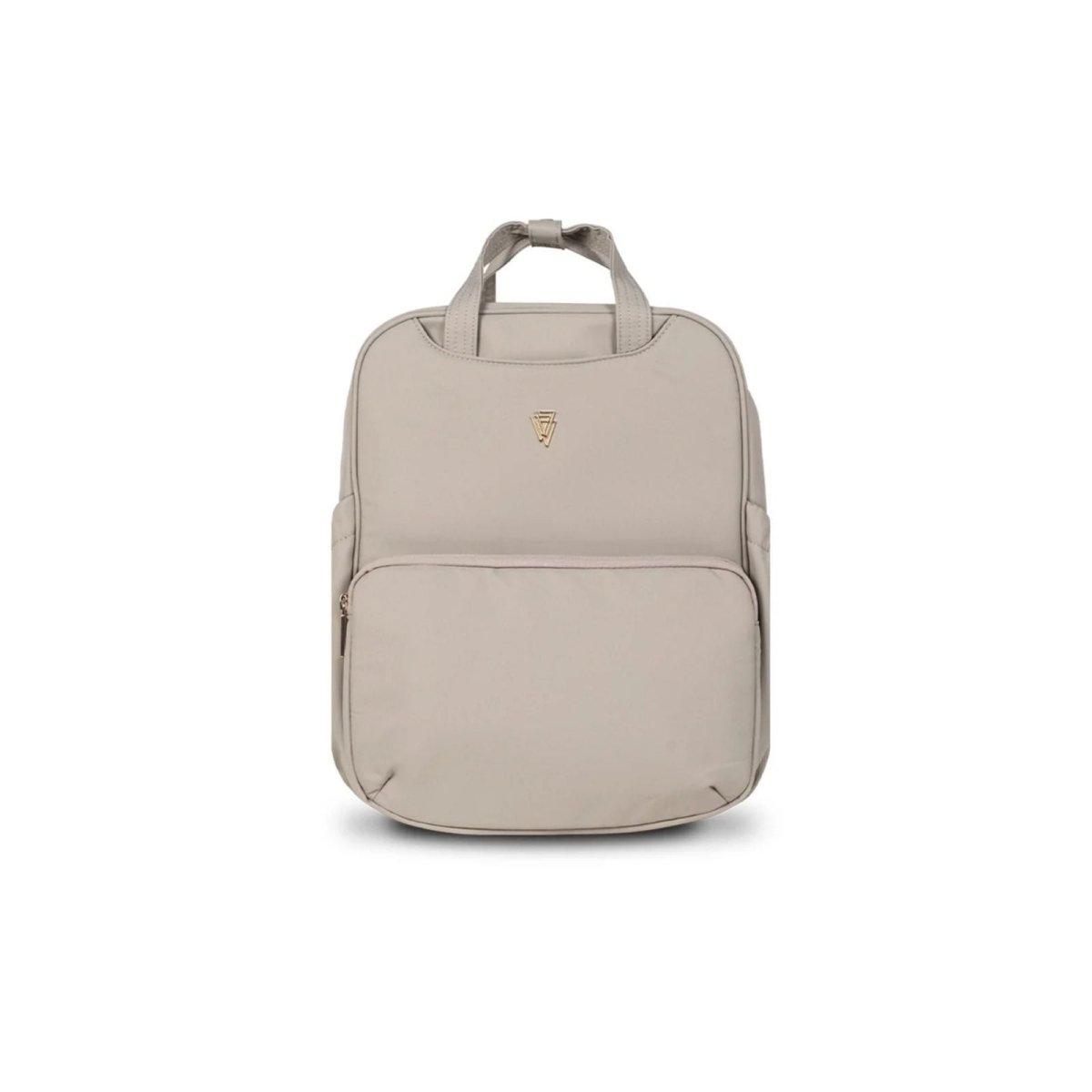 Beige diaper bag with top handle, zip pocket, and small gold logo badge