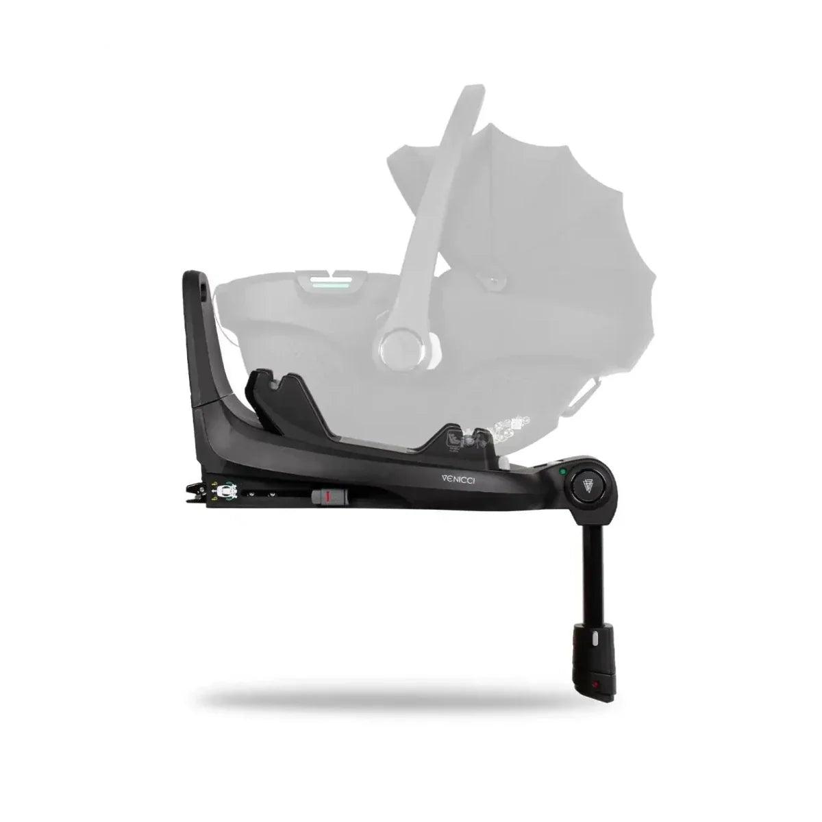 Venicci stroller base with light gray carrycot and black frame, side view