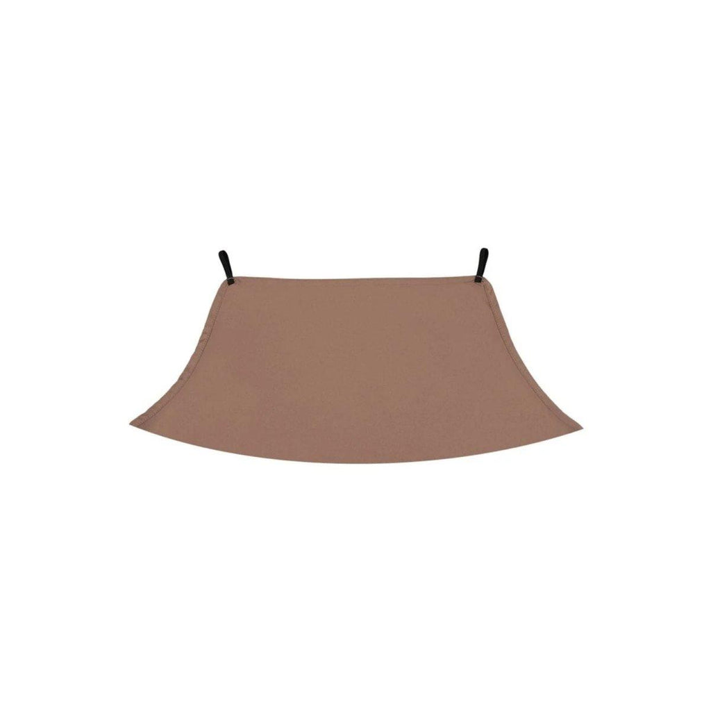 Tan stroller canopy shade with two top straps for attachment