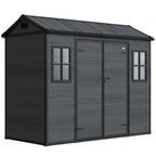 Dark grey resin garden storage shed with two glass windows and double doors