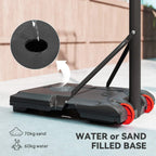 Weighted base for portable basketball hoop with water or sand fill and red wheels