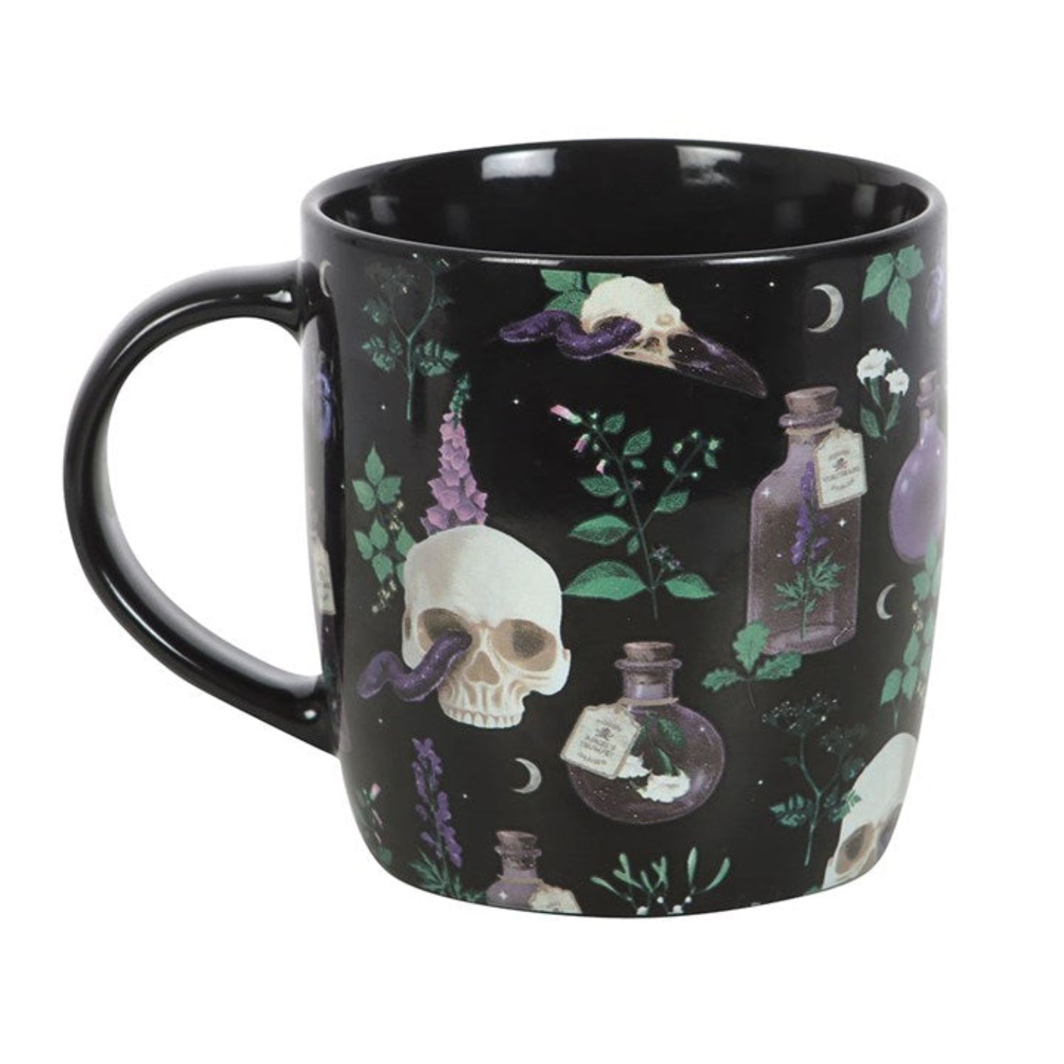 Black mug with design featuring skulls, bottles, and plants on a white background