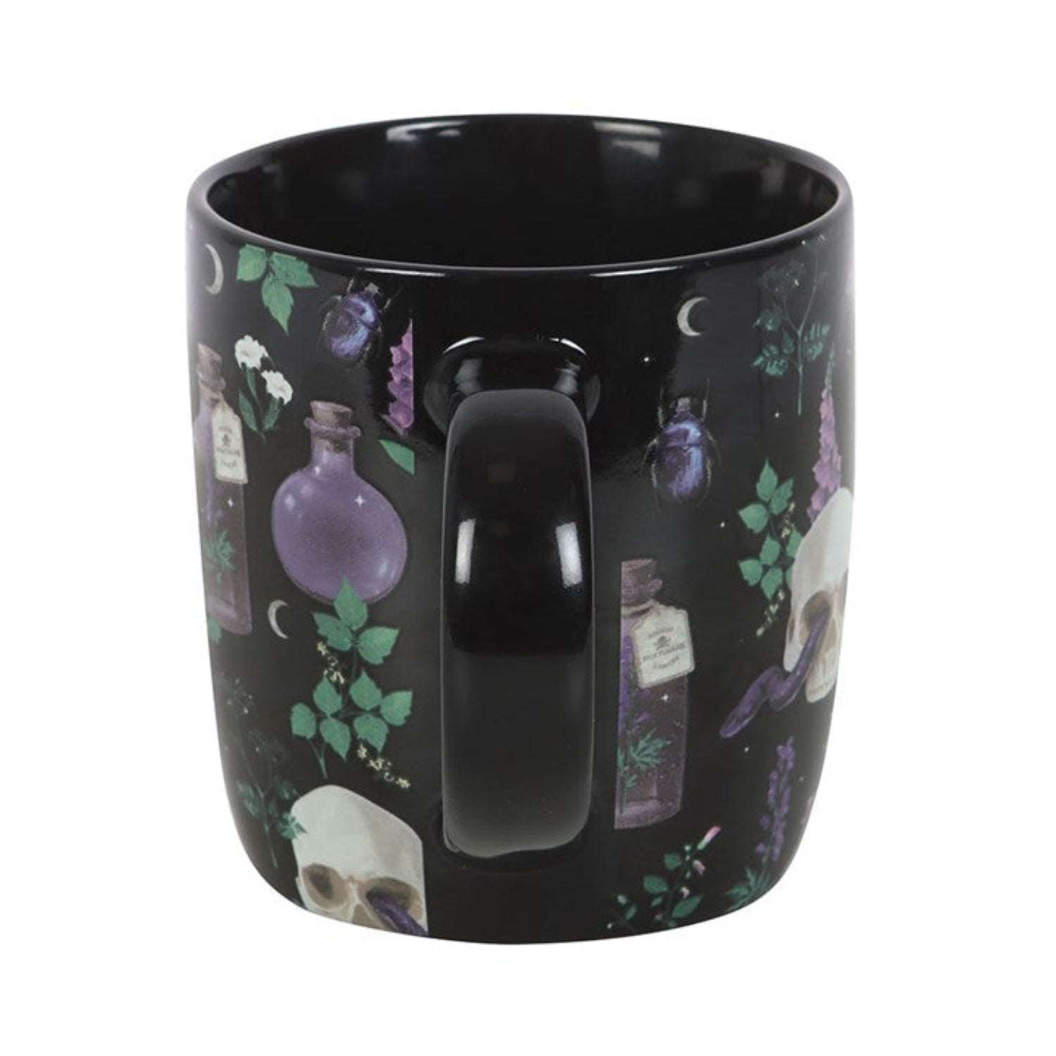 Black mug with mystical design featuring bottles, skulls, and plants on a white background