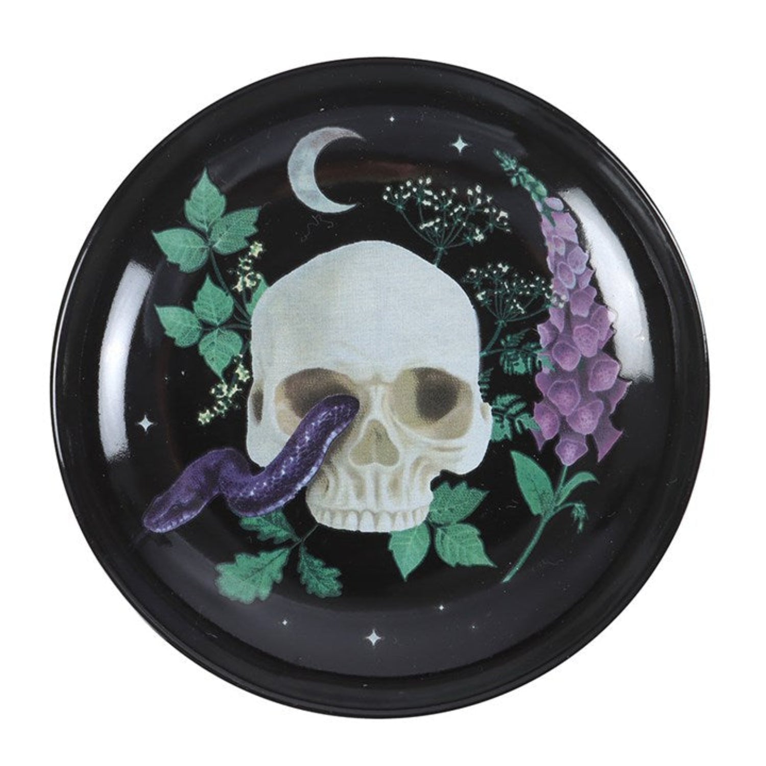 Decorative plate with a skull design, flowers, and a snake on a black background