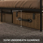 Black bed frame with legs showing 31cm underbed clearance for storage bins