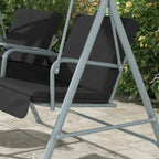 Close view of 2-seater swing bench arm and black padded seat cushions on gray frame