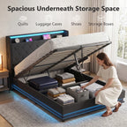 Black hydraulic storage bed frame with tufted headboard and lifted slat platform