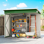 Green metal garden storage shed interior with open double doors and storage shelves