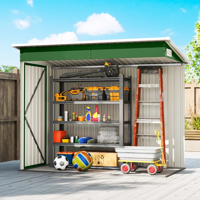 Green metal garden storage shed interior with open double doors and storage shelves