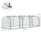 Clear PVC tunnel greenhouse with green steel frame, long side view and arched ends
