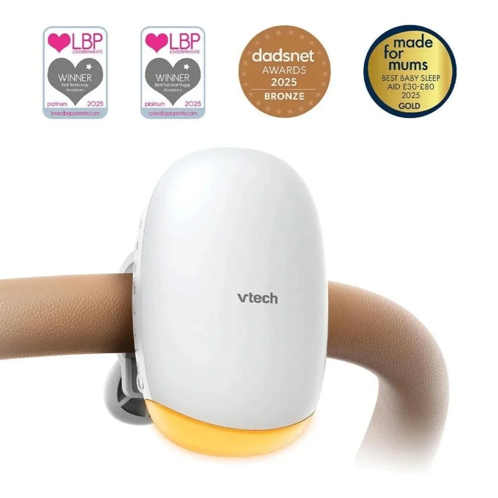 White VTech sound and motion unit on stroller handle with yellow base