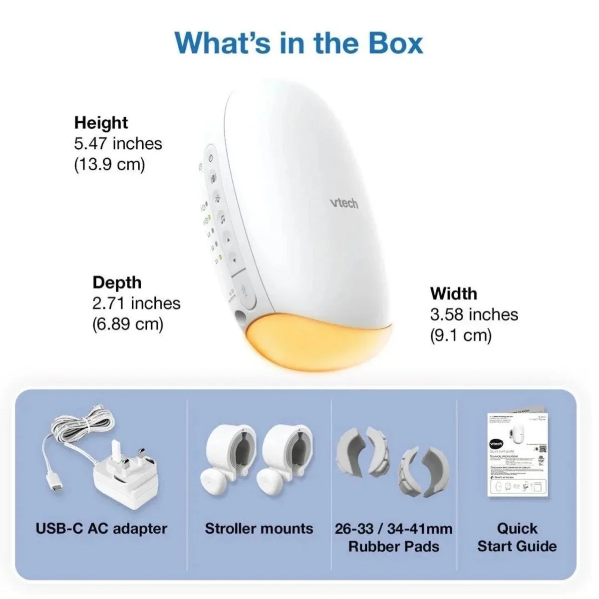 White VTech sound unit with yellow base and included stroller mount accessories