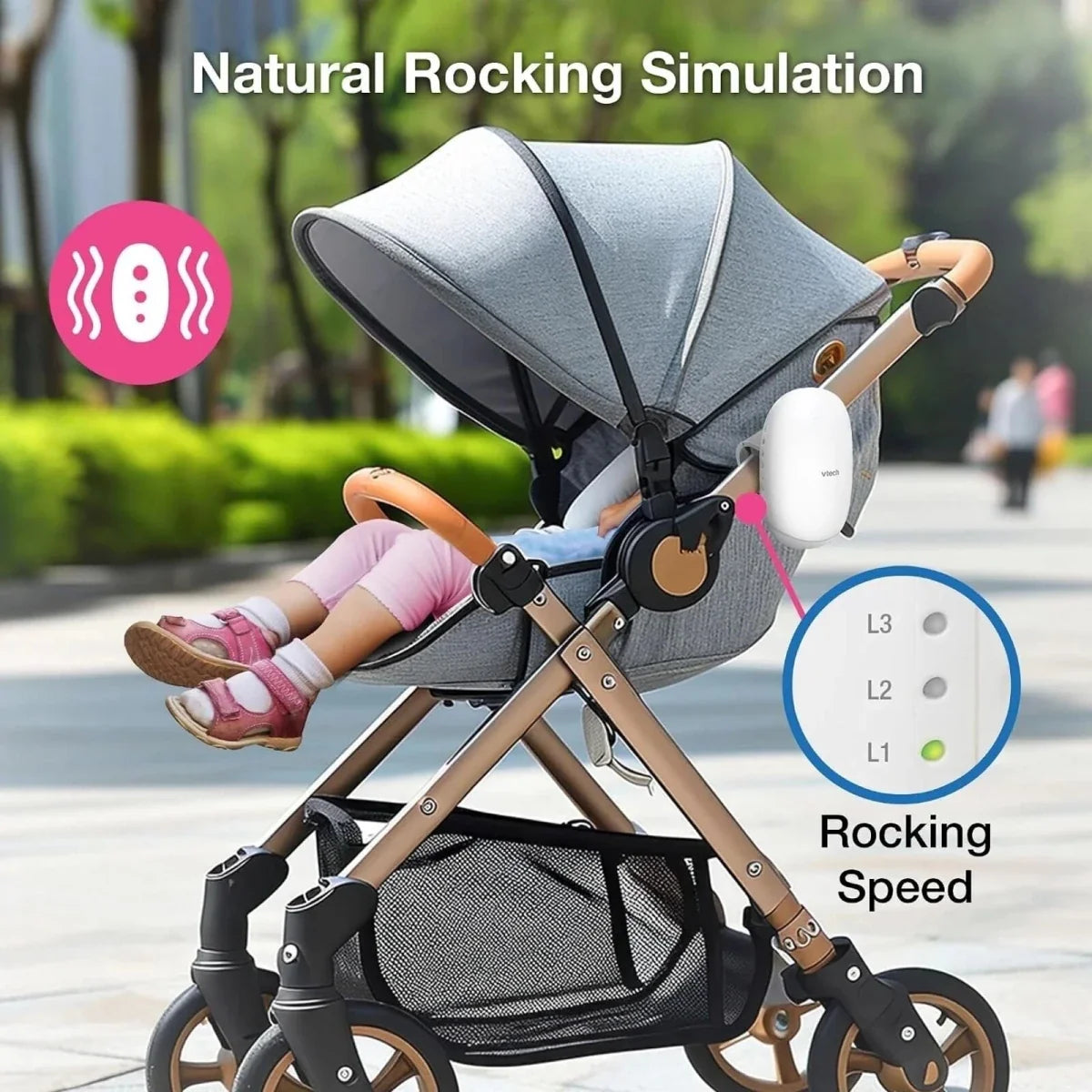 White VTech sound and motion unit clipped to stroller rocker with yellow underside
