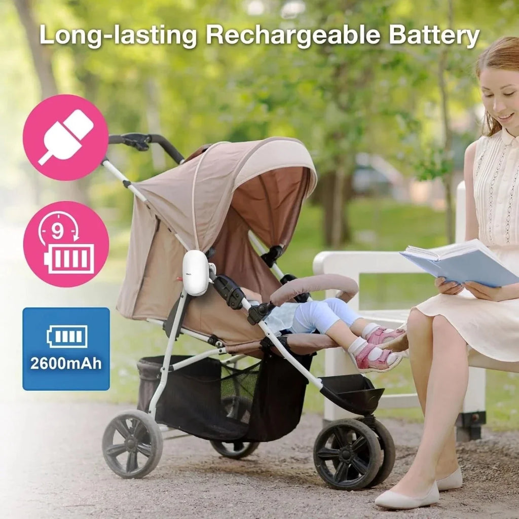 White VTech sound unit with yellow base on stroller handle, rechargeable battery