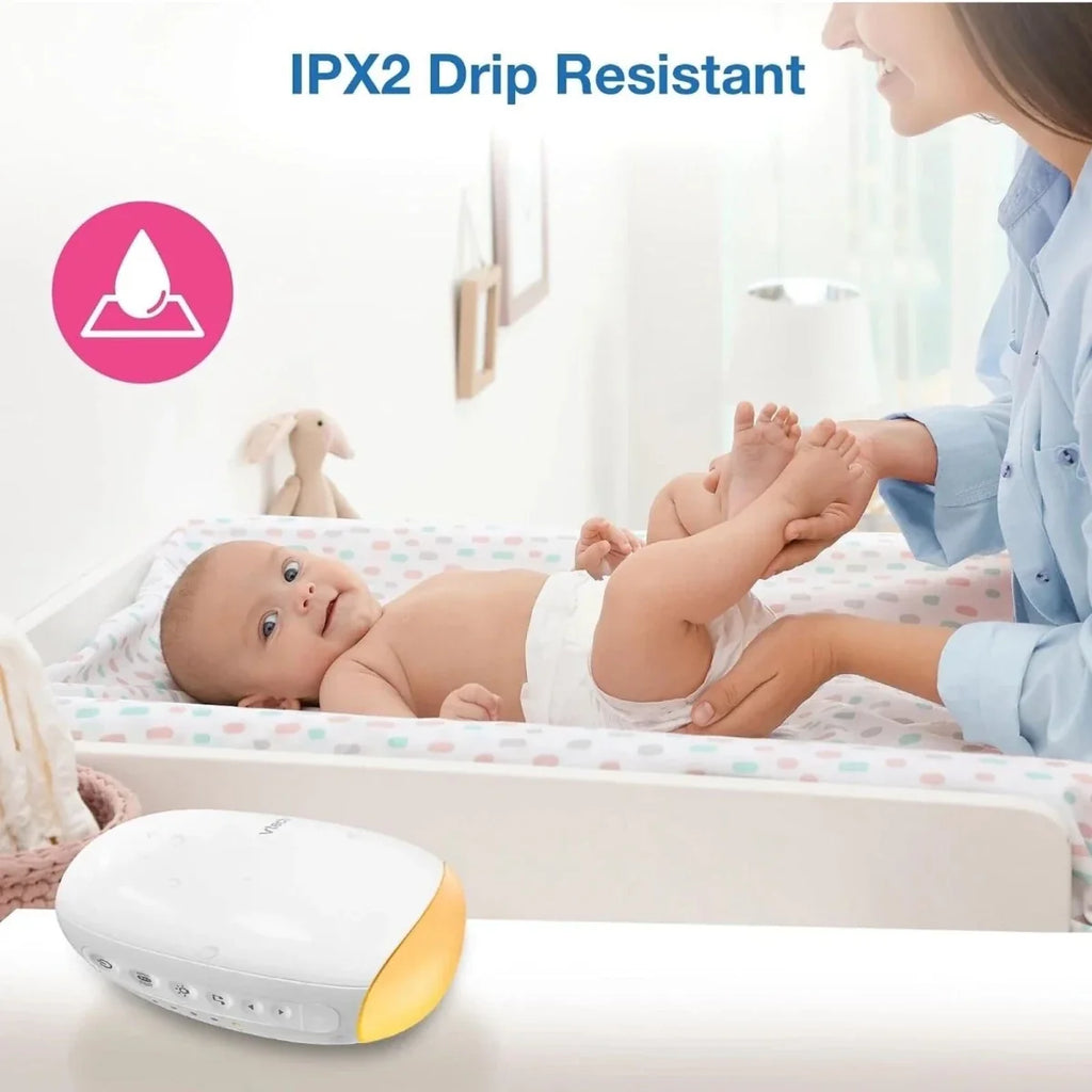 White VTech sound unit with yellow base, IPX2 drip-resistant design