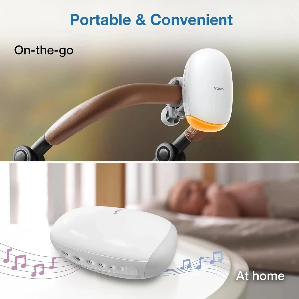 White portable VTech sound unit with yellow base, mounted on stroller handle