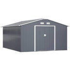 Grey metal garden shed with double doors and small roof ventilation vents