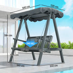 Grey wooden swing bench with canopy, chain suspension and slatted seat on A-frame