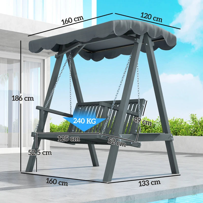 Grey wooden swing bench with canopy, chain suspension and slatted seat on A-frame
