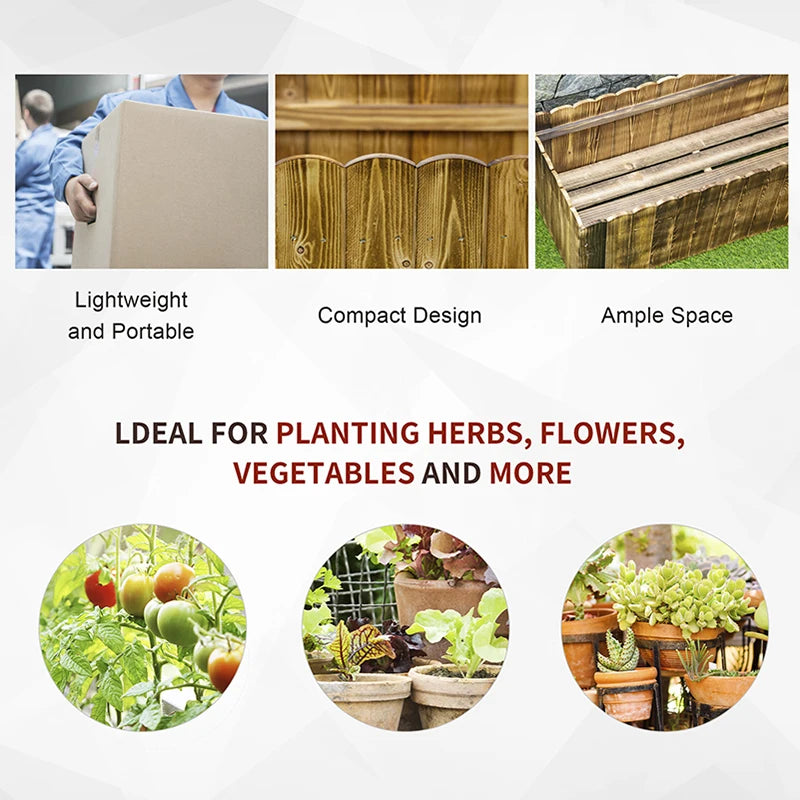 Wooden raised garden bed planter box shown with planting-use icons