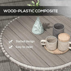 Grey round rattan-style outdoor table top with slatted wood-effect finish