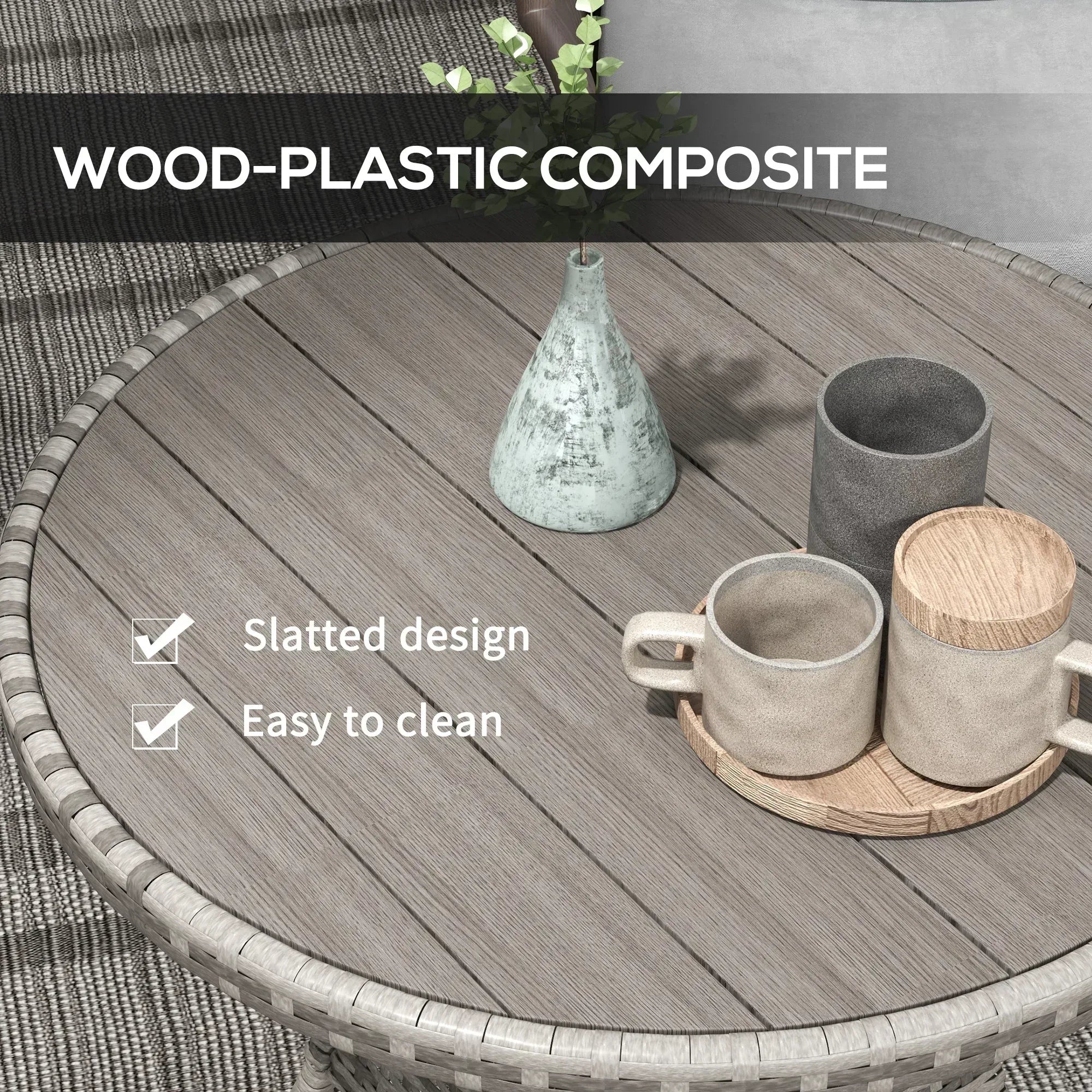 70cm Four-Person Wood-Effect Rattan Table - Grey - Bobobiy