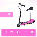 Pink foldable electric kids scooter with black stem and front wheel, side view