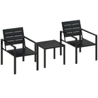 Black 3-piece bistro set: two slatted chairs and square table, metal frame