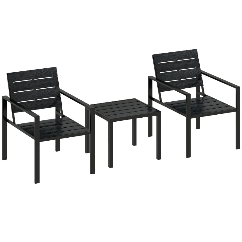 Black 3-piece bistro set: two slatted chairs and square table, metal frame