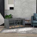 Grey small animal hutch with open front, multi-level interior, and mesh top