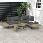 Grey L-shaped outdoor sofa set with corner table and padded seat cushions