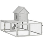 Light grey rabbit hutch with house and enclosed fenced run, front access door