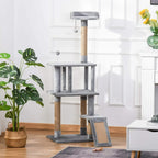 Grey cat tree tower with stacked perches and jute scratching step at the base