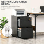 Black lockable 2-drawer filing cabinet with open drawer and key graphic
