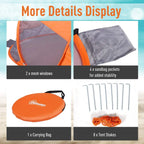 Orange pop-up camping tent features: mesh windows, carry bag, stakes and poles