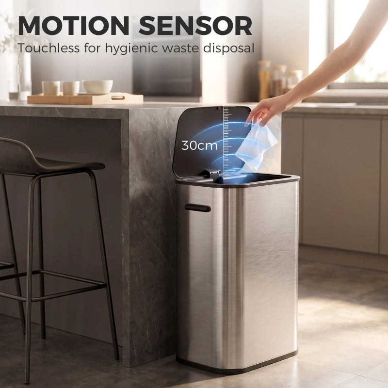 Stainless steel touchless sensor waste bin with hand near the open lid