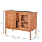 Elevated wooden pet hutch with metal mesh doors and front pull-out tray, green roof