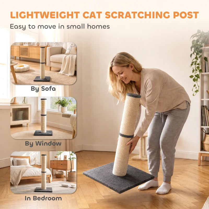 Vertical cat scratching post with beige sisal pole and dark grey plush base