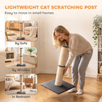 Vertical cat scratching post with beige sisal pole and dark grey plush base