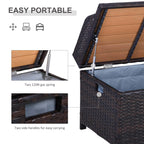Rattan storage bench with open lid and two side support rods for stability.
