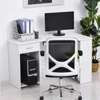 White corner desk with drawer, open shelf, and tower space for home office