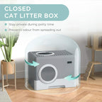 Grey enclosed cat litter box with clear cover showing circular front entry opening