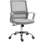 Grey mesh office desk chair with padded seat, armrests, and swivel caster base