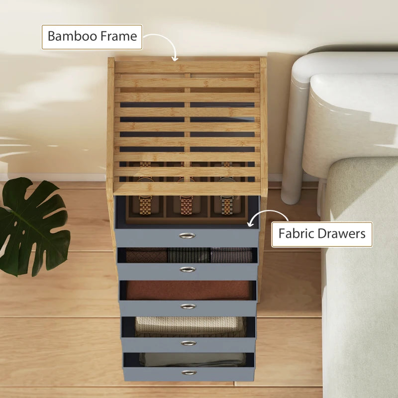 Narrow chest of drawers showing bamboo frame and five light grey fabric drawers