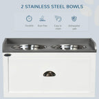 White raised pet feeding station with two stainless steel bowls