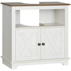 White under-sink cabinet with two front doors and interior storage shelves, shaker panels