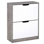 Grey and white two-drawer shoe cabinet with groove pull handles and open top drawer